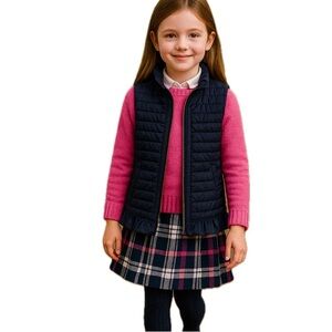 Lilly Pulitzer, Girls Blue Puffer Vest with Ruffle Trim and fringe bottom, SizeL